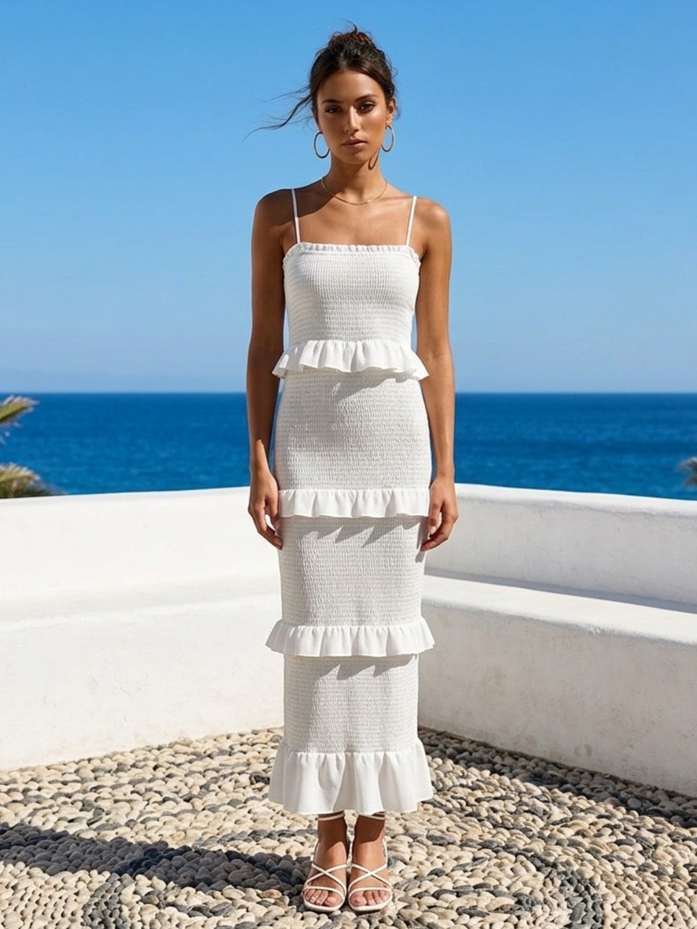 Forever 21 Ivory Smocked Tiered Ruffle Midi Dress NWT Large